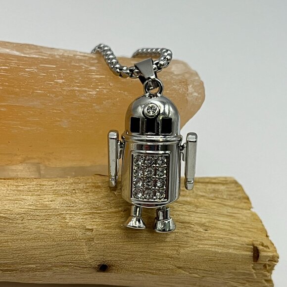 Silver Toned Blingy R2D2 Like Robot Necklace - Movable Arms/Legs - Picture 5 of 5